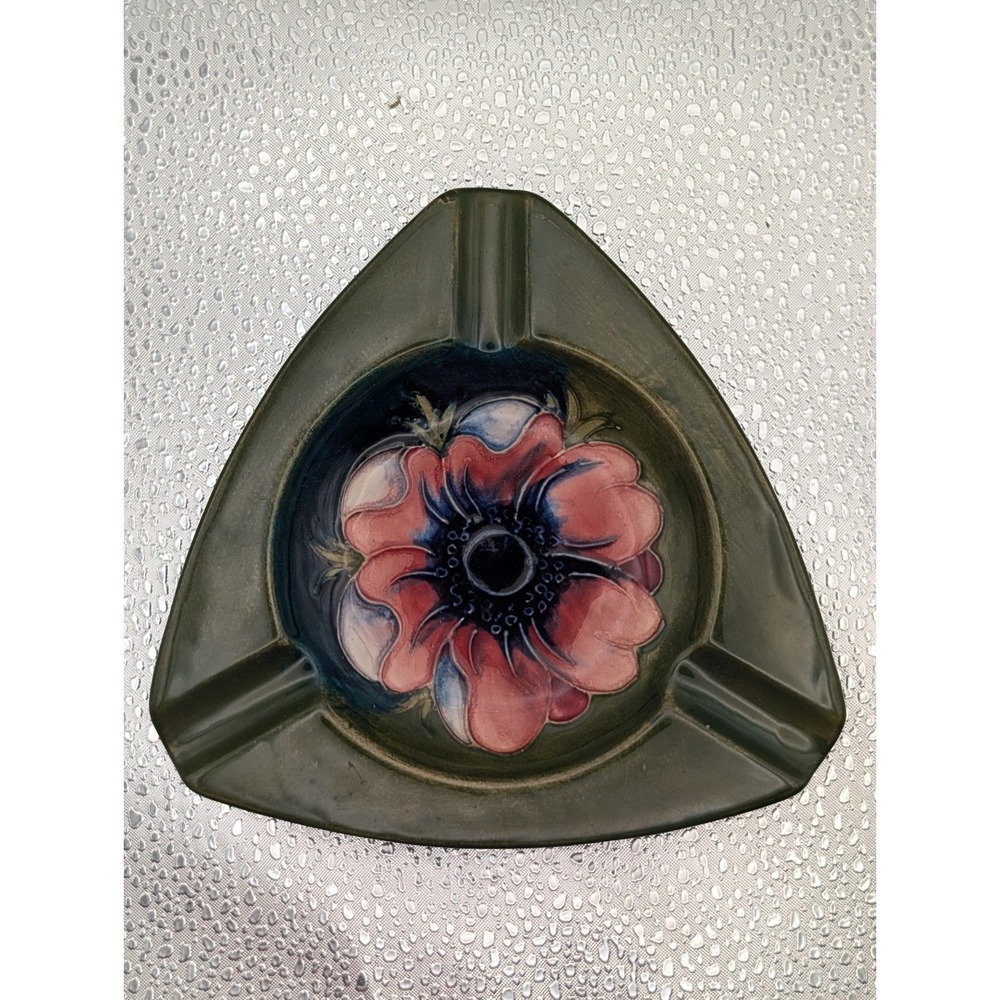 Moorcroft Pottery England Green Ashtray Pin Dish Hibiscus Pink Flower MCM